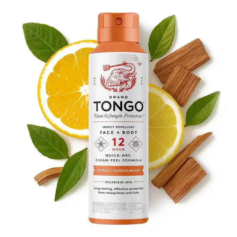 Grand Tongo Repulsif anti-insectes à la picaridine sans DEET, formule familiale - agrumes + santal - 4,5 oz : protection 12 heures, application cutanee, spray aerosol