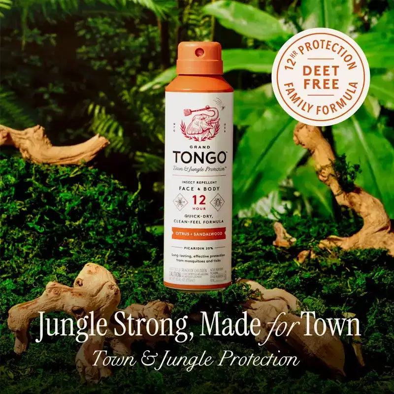 Répulsif anti-insectes Grand Tongo sans DEET à base de Picaridine, formule familiale - Agrumes + Bois de santal - 133 ml : Protection 12 heures, application cutanée, aérosol