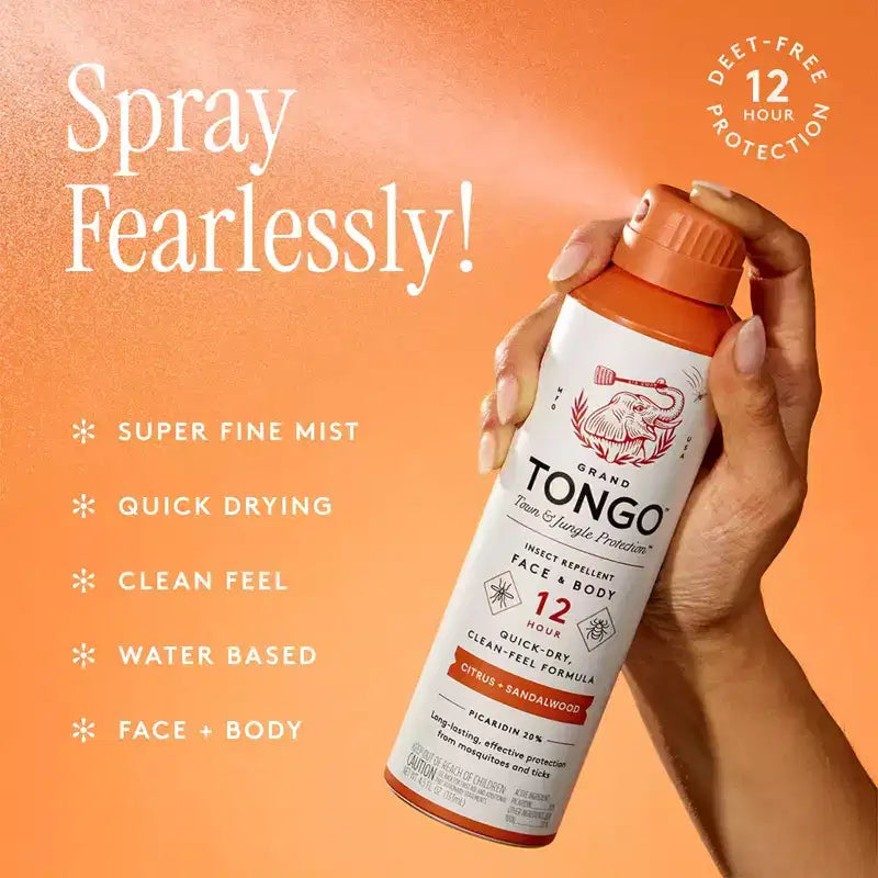 Répulsif anti-insectes Grand Tongo sans DEET à base de Picaridine, formule familiale - Agrumes + Bois de santal - 133 ml : Protection 12 heures, application cutanée, aérosol