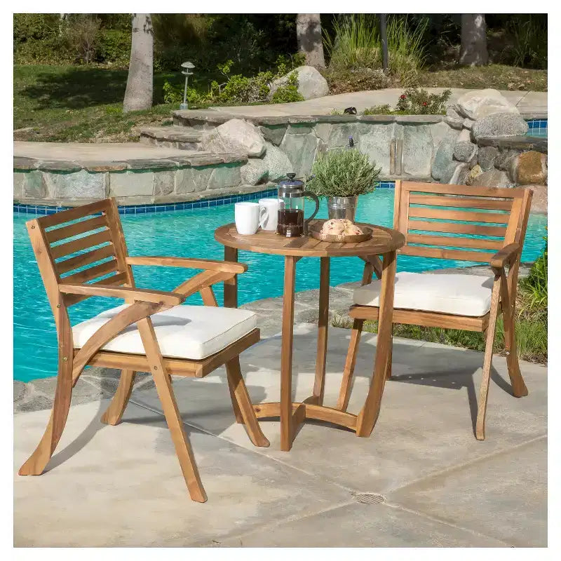 Ensemble de bistrot 3 pièces Coronado en bois d'acacia avec coussins - Finition Teck - Christopher Knight Home : Meubles de salle à manger d'extérieur avec cadre résistant aux intempéries