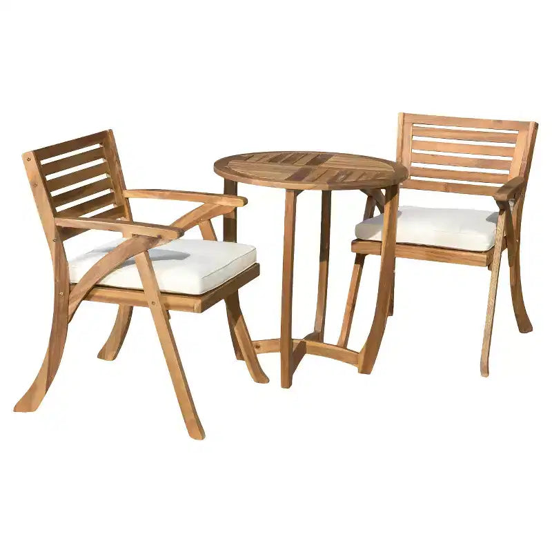Ensemble de bistrot 3 pièces Coronado en bois d'acacia avec coussins - Finition Teck - Christopher Knight Home : Meubles de salle à manger d'extérieur avec cadre résistant aux intempéries