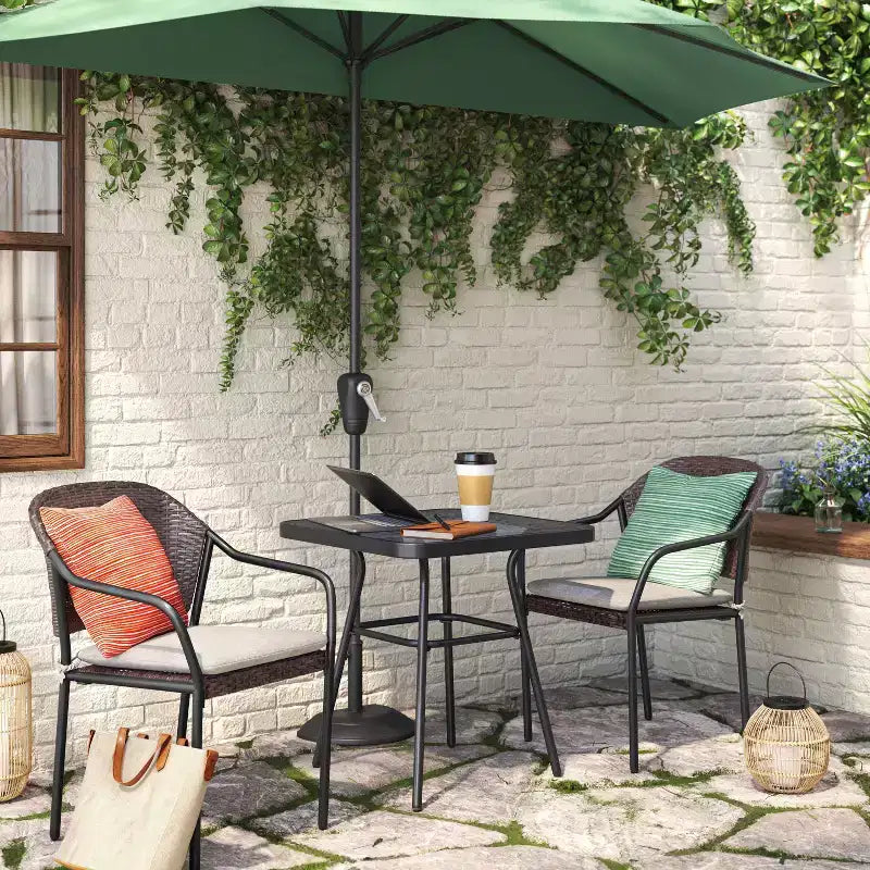 Ensemble bistrot de patio extérieur en acier 3 pièces résistant à la rouille avec coussins marron foncé - Room Essentials™ : Cadre en acier, table en verre trempé
