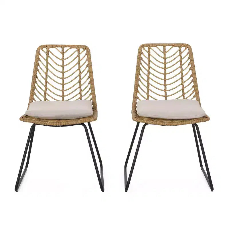 Berrien Lot de 2 Chaises d'extérieur en Osier avec Coussin - Marron Clair/Beige/Noir - Christopher Knight Home