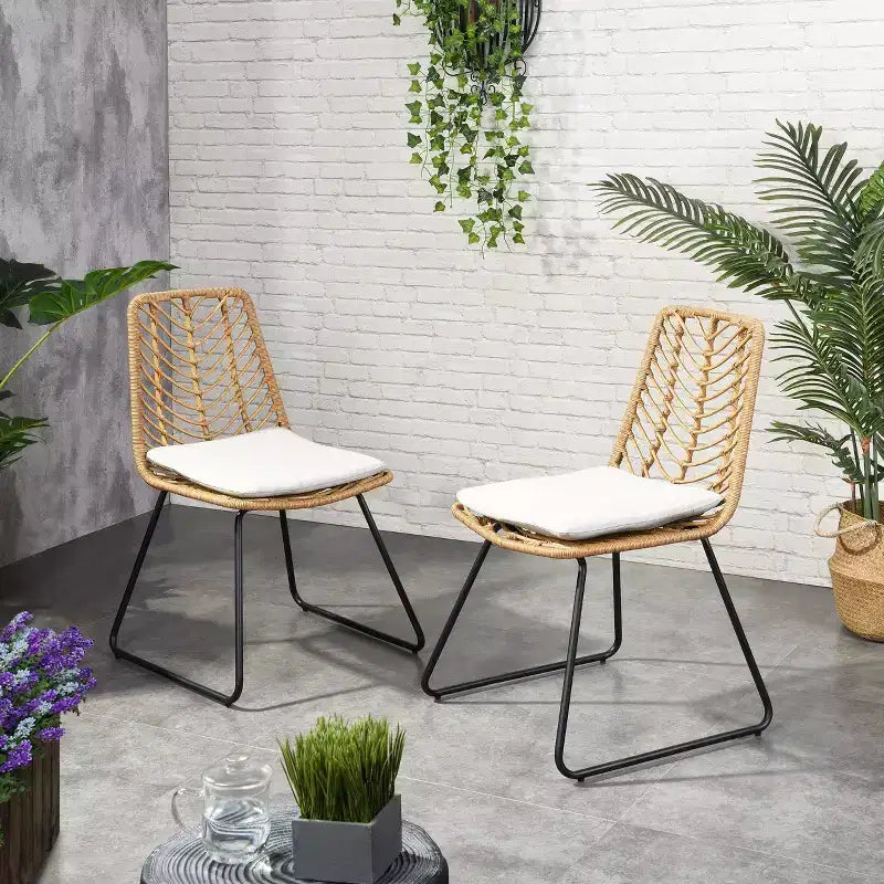 Berrien Lot de 2 Chaises d'extérieur en Osier avec Coussin - Marron Clair/Beige/Noir - Christopher Knight Home
