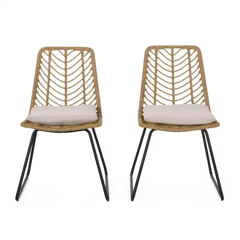 Berrien Lot de 2 Chaises d'extérieur en Osier avec Coussin - Marron Clair/Beige/Noir - Christopher Knight Home