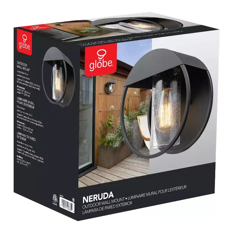 Globe Electric Neruda Applique murale interieur/extérieur 1 lumière 9'' en metal avec abat-jour en verre granite, noir mat