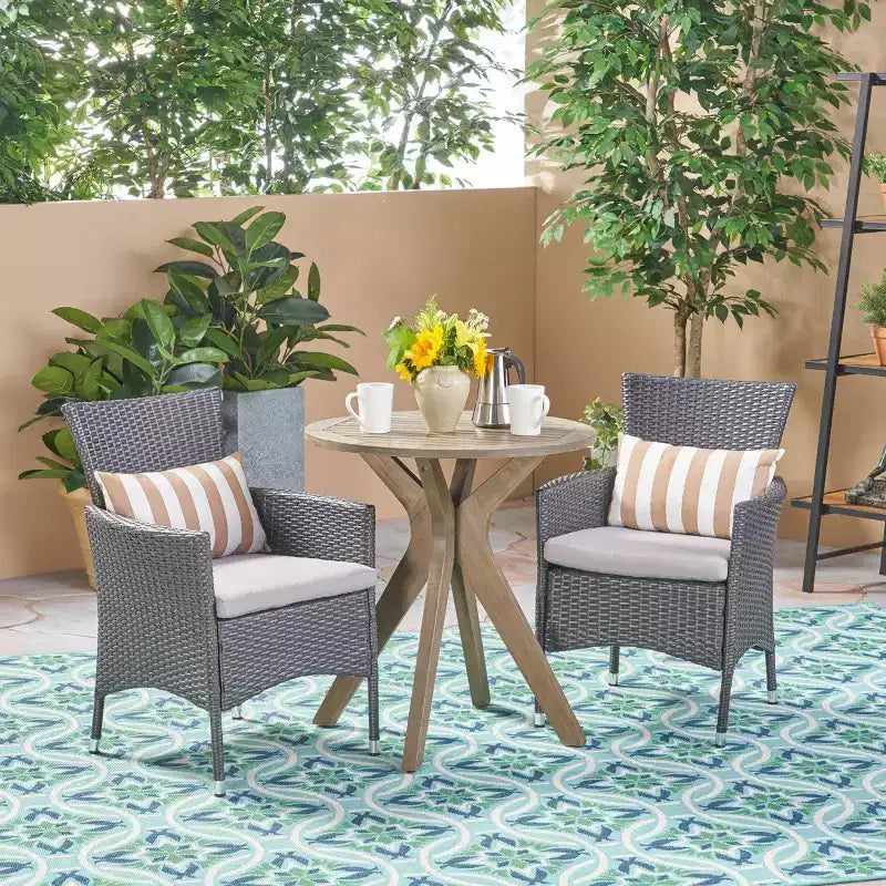 Ensemble de bistrot Jillian 3 pièces en bois d'acacia et osier : Chaises rembourrées, table circulaire - Christopher Knight Home