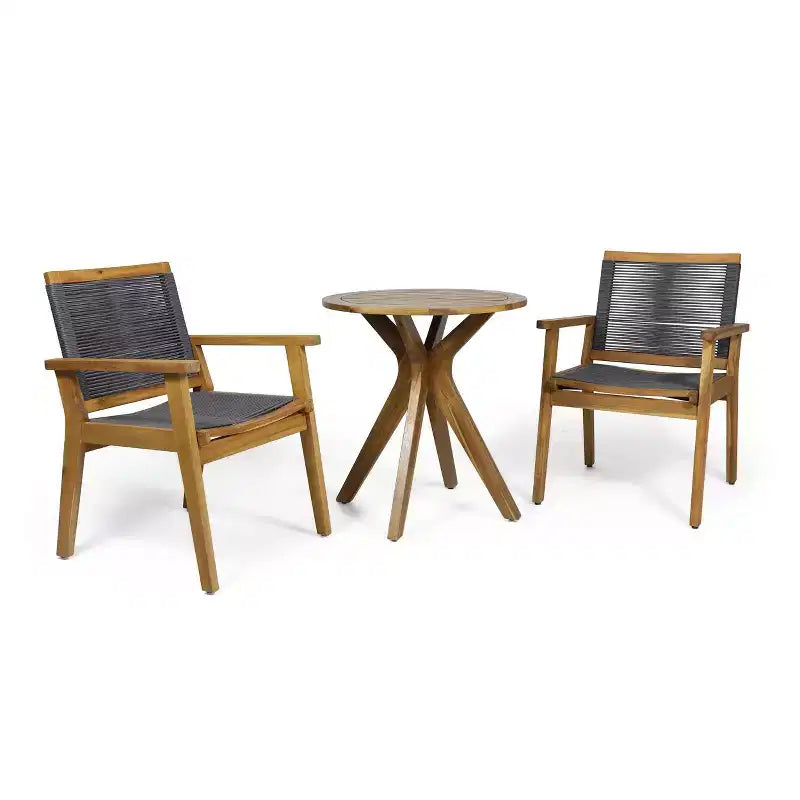 Ensemble de bistrot 3 pièces Mcgill Patio en bois d'acacia - Teck/Gris foncé - Christopher Knight Home : Résistant à l'eau, tissé à la main, style transitionnel