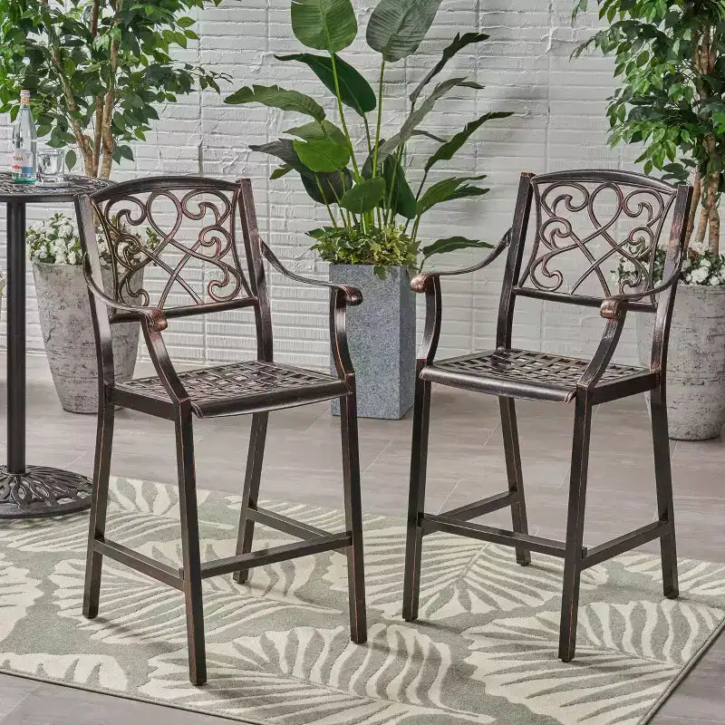 2 tabourets de bar de terrasse en aluminium Waterbury cuivré – Christopher Knight Home : motif volutes traditionnelles, résistant aux intempéries