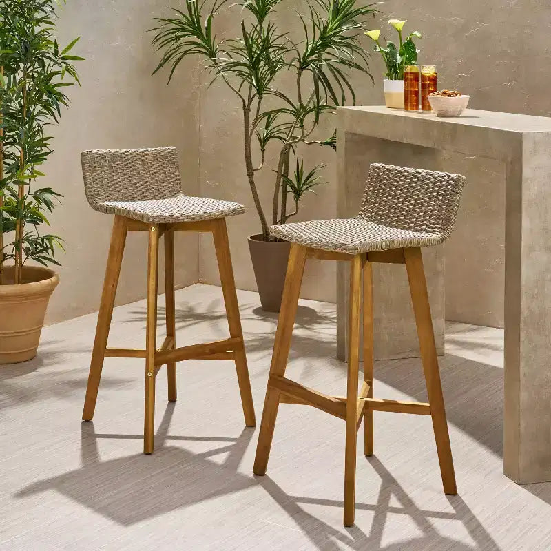 Lot de 2 tabourets de bar de terrasse La Brea en bois d'acacia et osier marron/teck - Christopher Knight Home