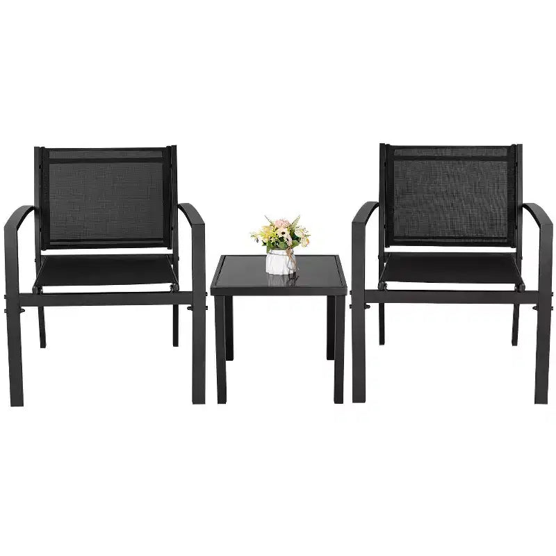 Devoko Ensemble bistro d'extérieur 3 pièces : chaises à accoudoirs en maille, table en verre trempé, cadre en métal, design tout temps