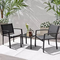 Devoko Ensemble bistro d'extérieur 3 pièces : chaises à accoudoirs en maille, table en verre trempé, cadre en métal, design tout temps