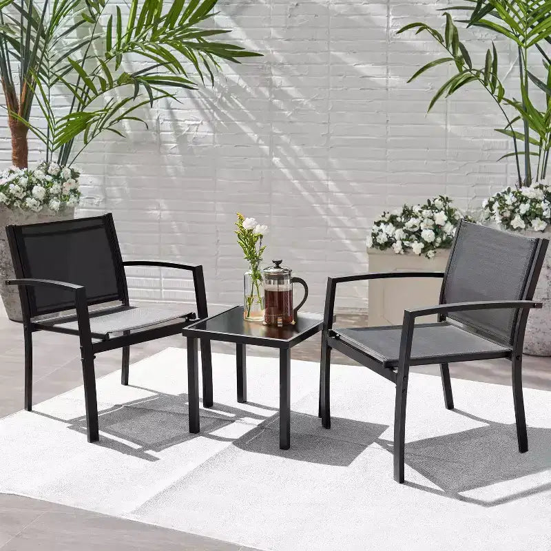 Devoko Ensemble bistro d'extérieur 3 pièces : chaises à accoudoirs en maille, table en verre trempé, cadre en métal, design tout temps