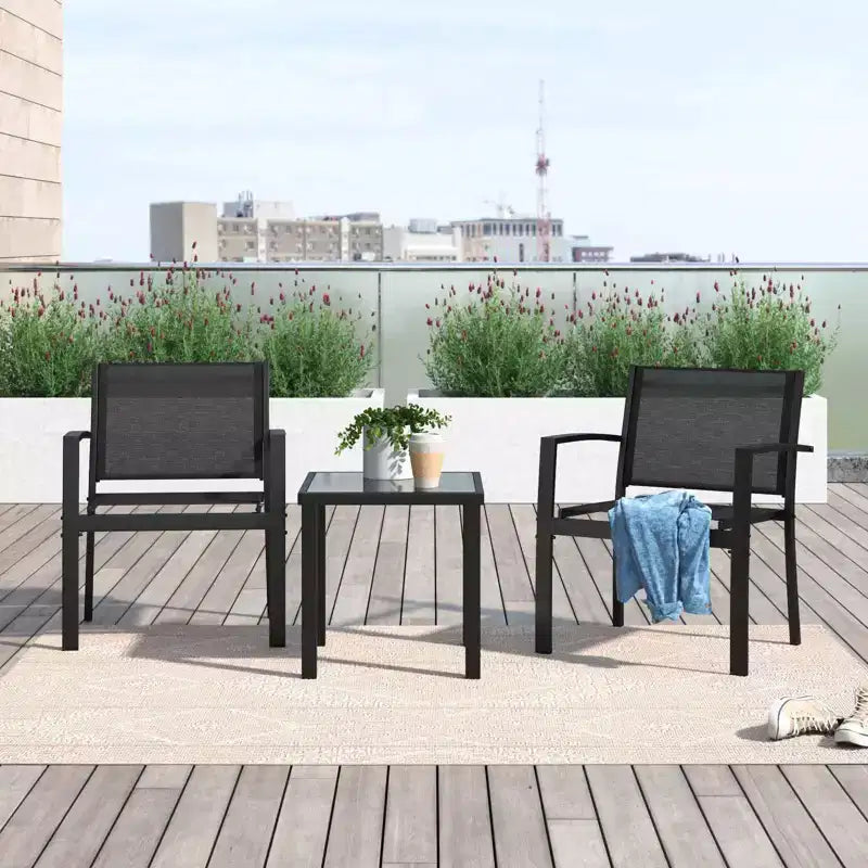 Devoko Ensemble bistro d'extérieur 3 pièces : chaises à accoudoirs en maille, table en verre trempé, cadre en métal, design tout temps