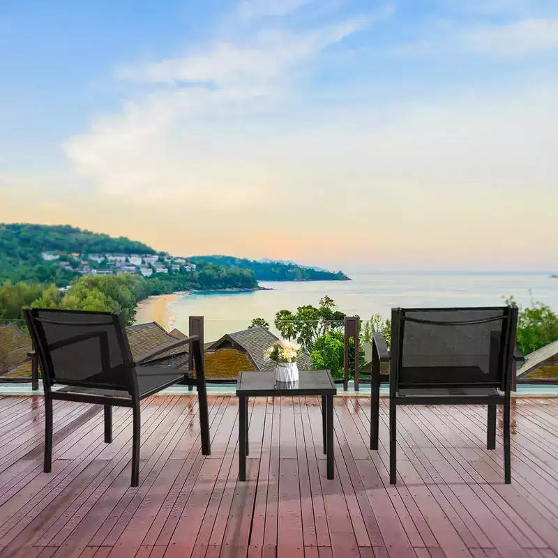 Devoko Ensemble bistro d'extérieur 3 pièces : chaises à accoudoirs en maille, table en verre trempé, cadre en métal, design tout temps