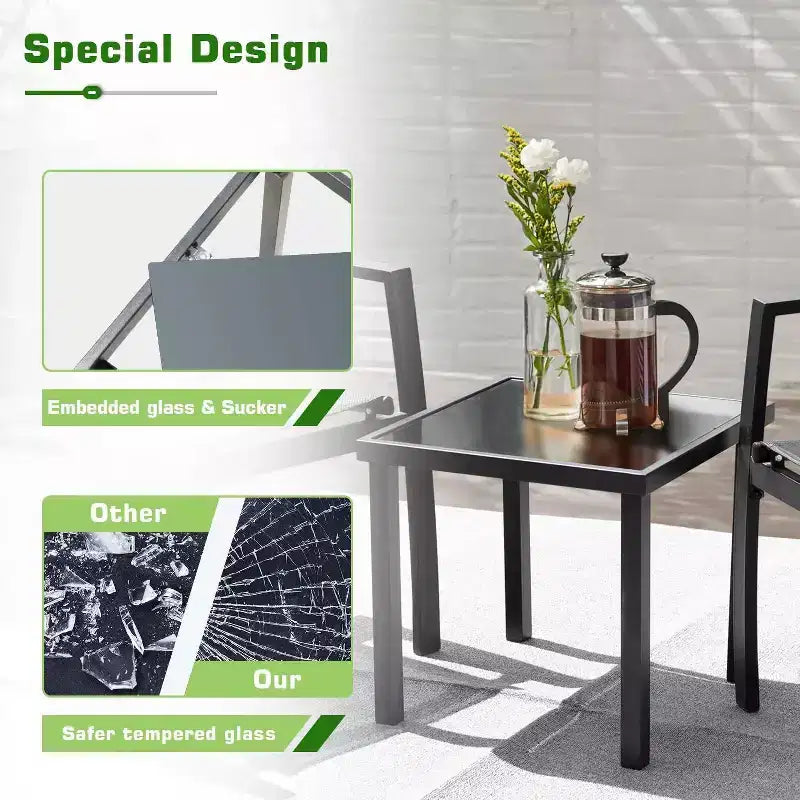 Devoko Ensemble bistro d'extérieur 3 pièces : chaises à accoudoirs en maille, table en verre trempé, cadre en métal, design tout temps
