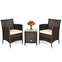 Ensemble 3 pièces de jardin en rotin avec coussins - Beige/Marron - WELLFOR : Osier tout temps, table de bistrot avec plateau en verre, quincaillerie en métal