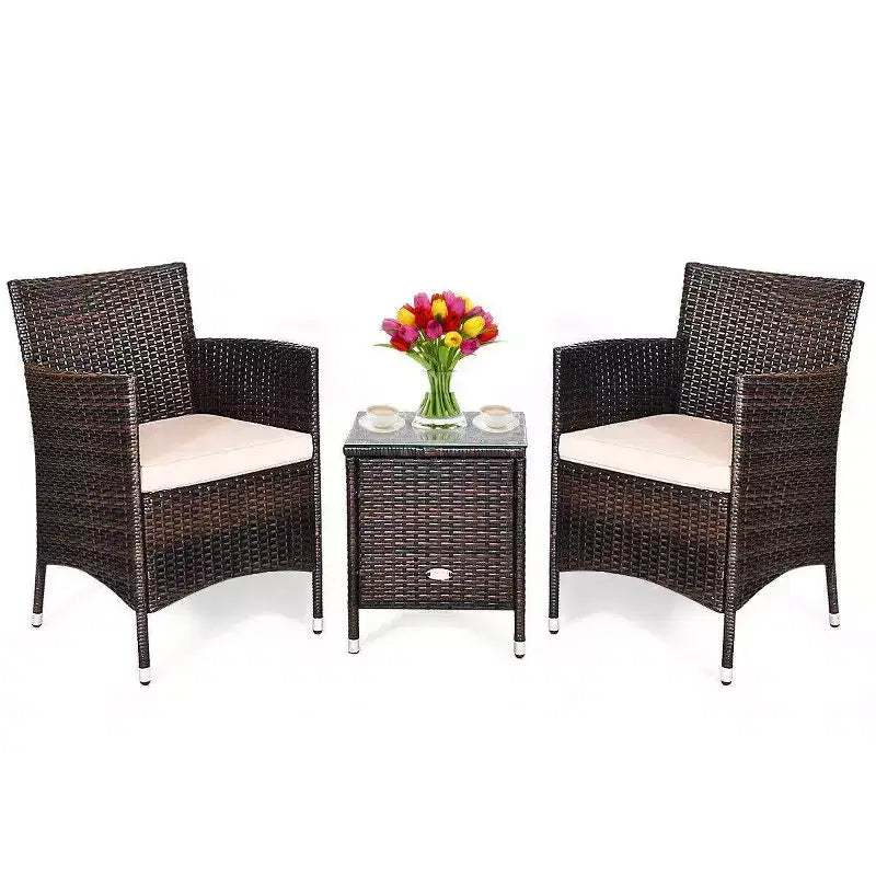 Ensemble 3 pièces de jardin en rotin avec coussins - Beige/Marron - WELLFOR : Osier tout temps, table de bistrot avec plateau en verre, quincaillerie en métal