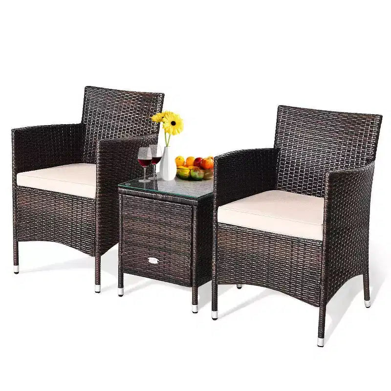 Ensemble 3 pièces de jardin en rotin avec coussins - Beige/Marron - WELLFOR : Osier tout temps, table de bistrot avec plateau en verre, quincaillerie en métal