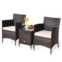 Ensemble 3 pièces de jardin en rotin avec coussins - Beige/Marron - WELLFOR : Osier tout temps, table de bistrot avec plateau en verre, quincaillerie en métal