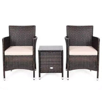 Ensemble 3 pièces de jardin en rotin avec coussins - Beige/Marron - WELLFOR : Osier tout temps, table de bistrot avec plateau en verre, quincaillerie en métal
