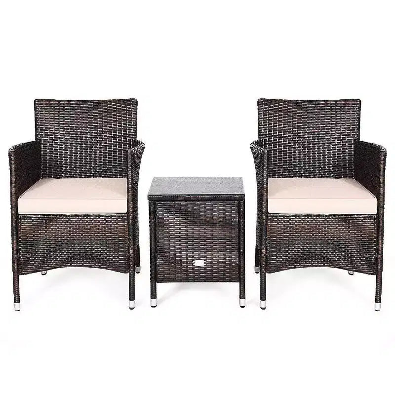 Ensemble 3 pièces de jardin en rotin avec coussins - Beige/Marron - WELLFOR : Osier tout temps, table de bistrot avec plateau en verre, quincaillerie en métal