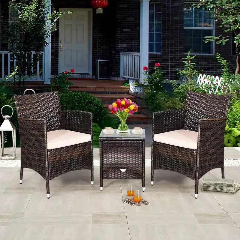 Ensemble 3 pièces de jardin en rotin avec coussins - Beige/Marron - WELLFOR : Osier tout temps, table de bistrot avec plateau en verre, quincaillerie en métal