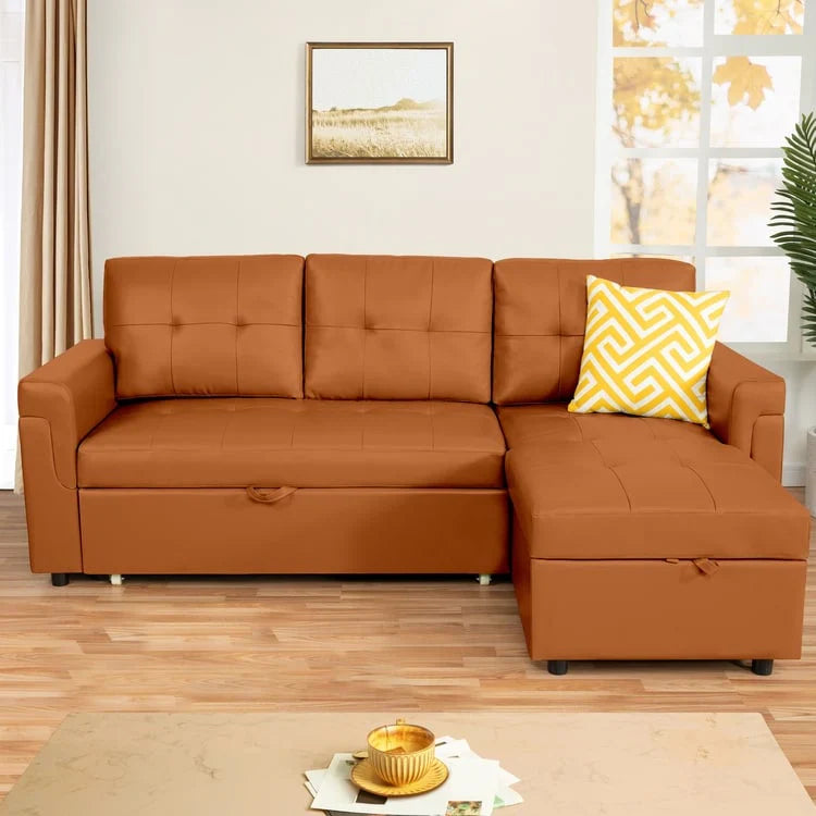 Canapé sectionnel réversible avec lit escamotable, méridienne de rangement dissimulée, pieds durables,
