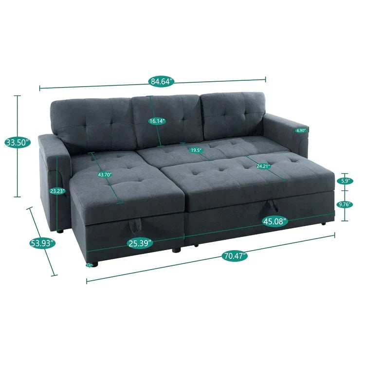 Canapé sectionnel convertible réversible avec lit escamotable, méridienne de rangement dissimulée et pieds durables
