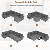 Canapé sectionnel en chenille avec canapé-lit escamotable, canapé-lit en forme de L avec ottoman de rangement, 3 coussins et prises de charge