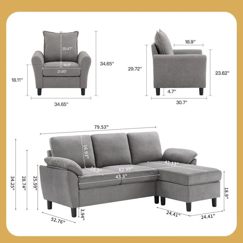 Canapé d'angle 3 places avec fauteuil et pouf pour salon