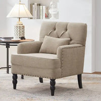 Lot de 2 fauteuils rembourrés avec boutons touffetés et oreiller lombaire beige/gris/bleu clair