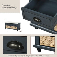 Banc de rangement rustique avec 3 tiroirs et 3 paniers en rotin, banc à chaussures pour salon, entrée
