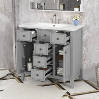 Meuble-lavabo avec vasque en céramique, deux placards et cinq tiroirs