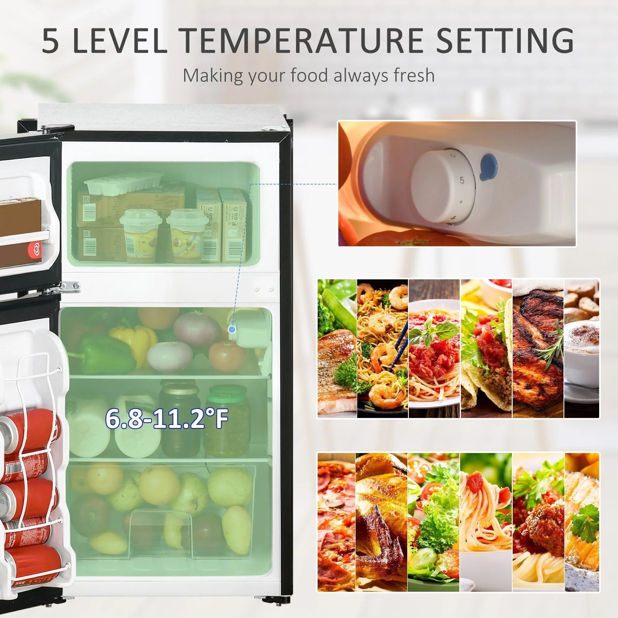 HOMCOM Mini-réfrigérateur double porte avec congélateur, réfrigérateur compact 3.2 pi³ avec étagère réglable, thermostat réglable
