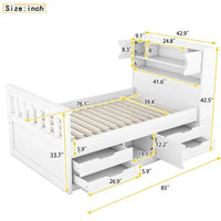 Lit plateforme capitaine double/grand avec 4 tiroirs et étagères de rangement, cadre de lit en bois massif avec tête de lit bibliothèque de rangement