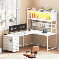 Bureau Gamer en L, Bureau d'Ordinateur avec Panneau Perforé, 5 Tiroirs et Étagère de Rangement