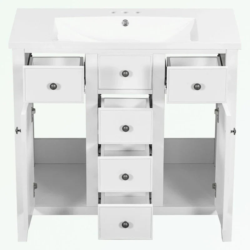 Meuble-lavabo avec vasque en céramique, deux placards et cinq tiroirs