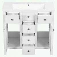 Meuble-lavabo avec vasque en céramique, deux placards et cinq tiroirs
