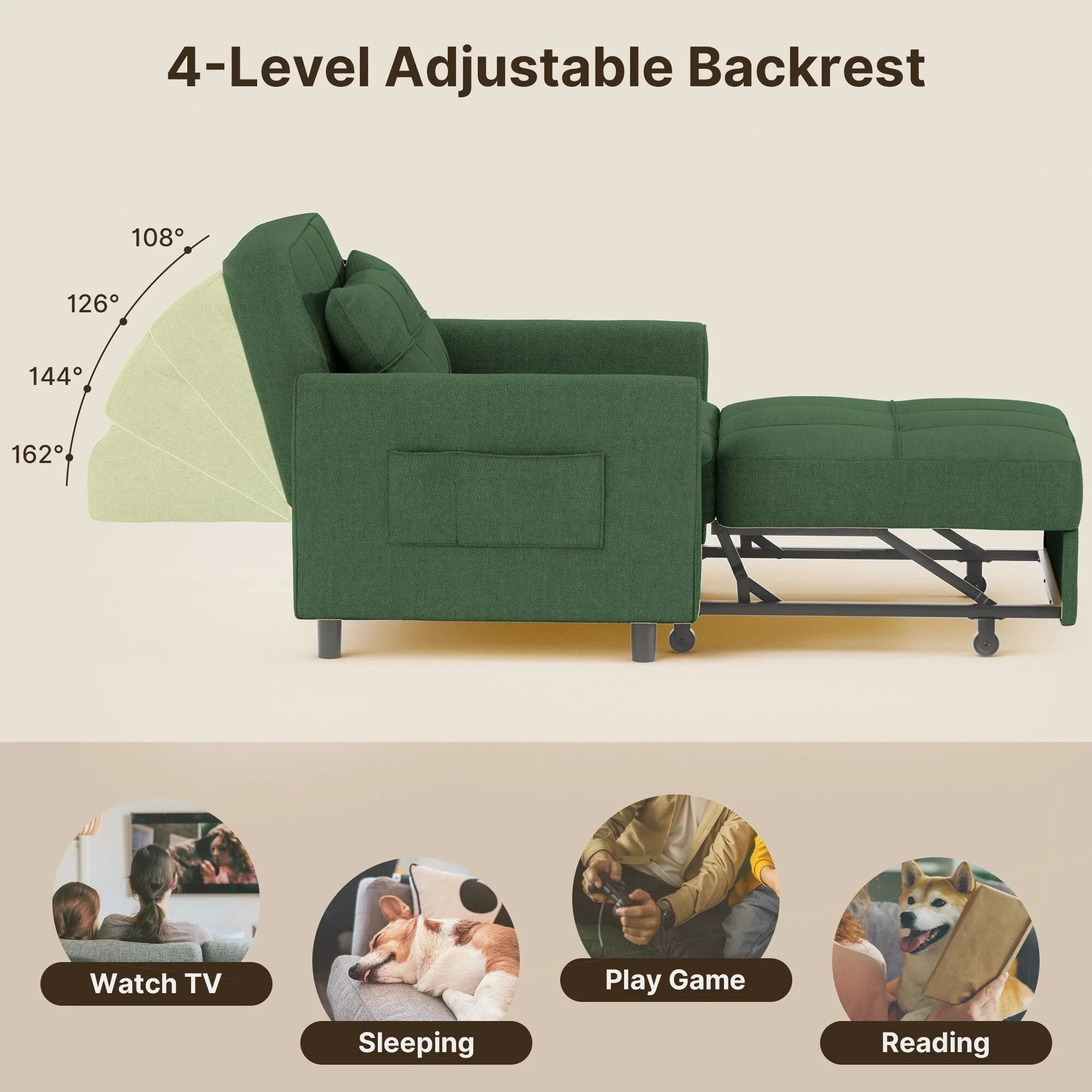 Canapé-lit réglable 3 en 1, fauteuil-canapé escamotable, lit pliant convertible pour salon