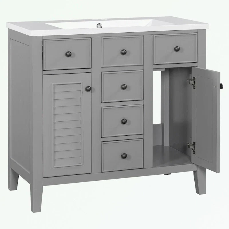 Meuble-lavabo avec vasque en céramique, deux placards et cinq tiroirs