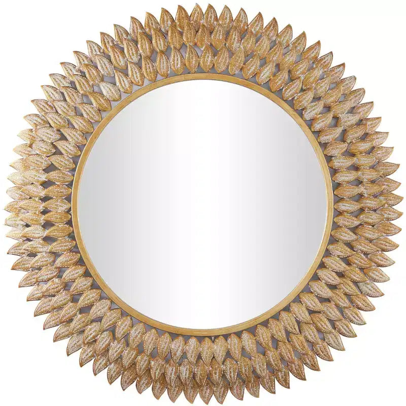 Miroir mural radial 32"x32" en métal doré en forme de feuille - Olivia & May : Cadre en fer, aucun assemblage requis