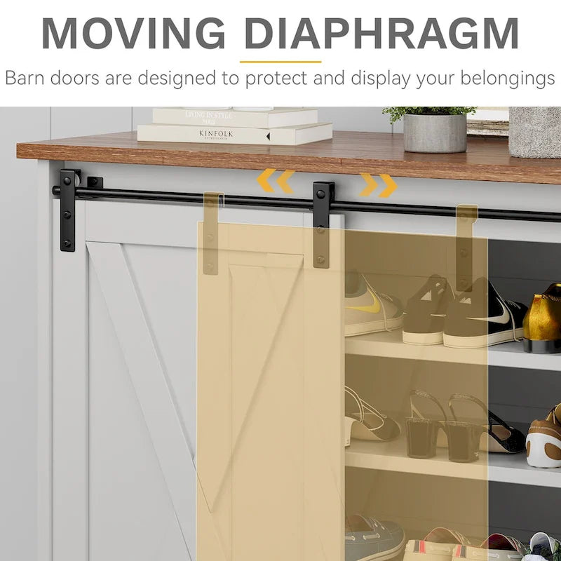 Meuble à chaussures farmhouse avec porte coulissante, banc à chaussures, meuble de rangement à 5 niveaux avec étagères réglables pour 20 paires