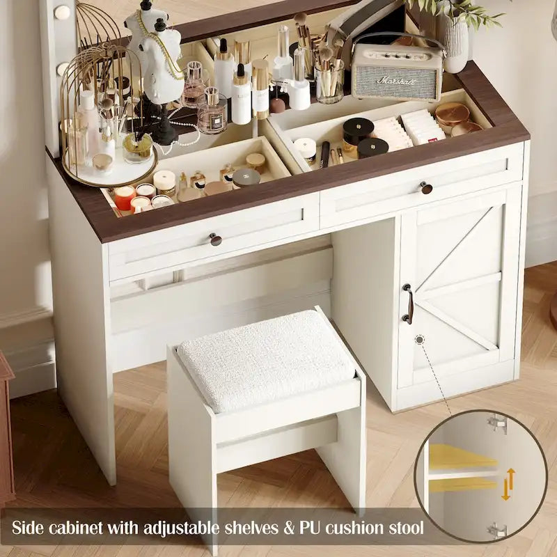 Roomfitters Coiffeuse de maquillage fermette avec éclairage, bureau coiffeuse avec porte de grange, table de maquillage 2 tiroirs avec miroir éclairé