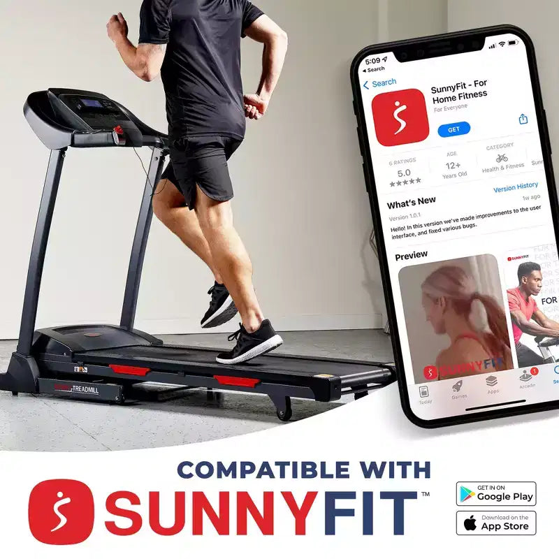 Tapis roulant intelligent pliable avec inclinaison automatique Sunny Health & Fitness Premium avec application exclusive SunnyFit activée - Noir