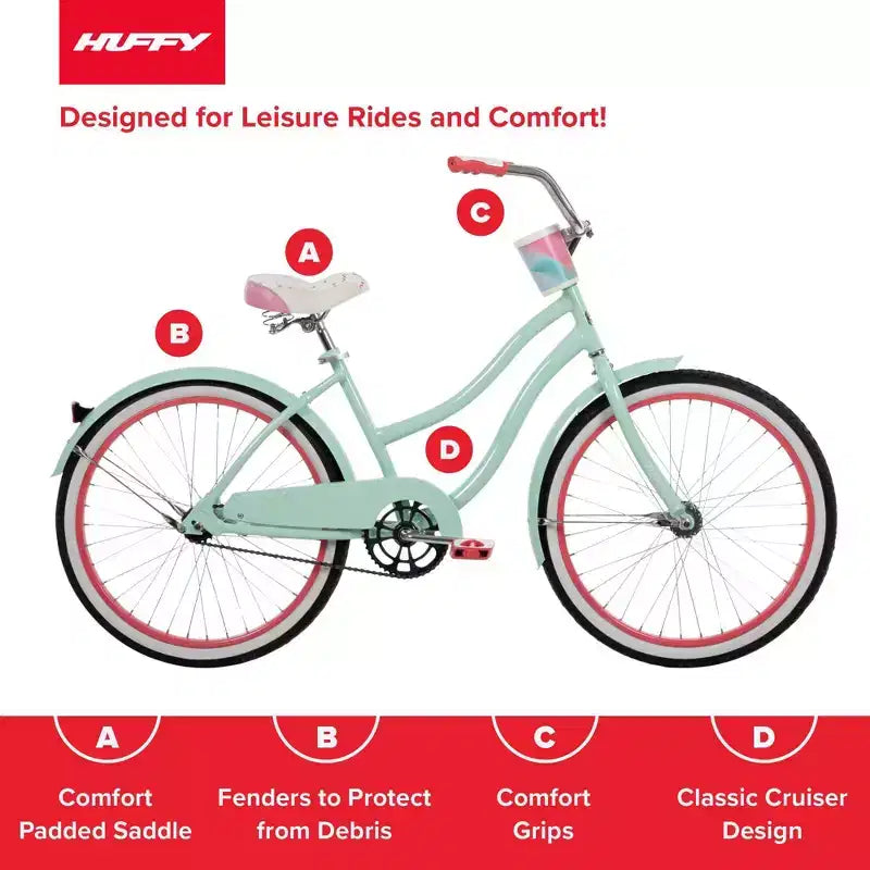 Vélo de croisière Huffy Good Vibrations pour adulte - Roues de 24 pouces - Menthe