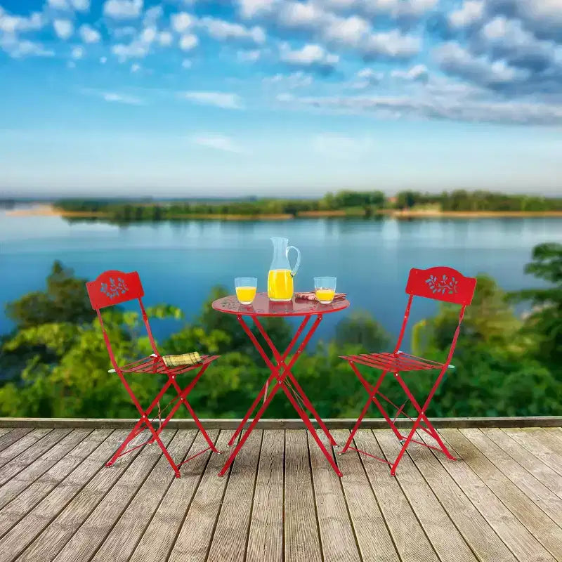 Ensemble de bistrot 3 pièces en acier avec table et chaises pliantes rouges - Alpine Corporation : Mobilier d'extérieur résistant aux intempéries pour balcon