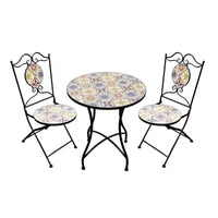 Ensemble de table et de chaises de patio 3 pièces au design de tuiles méditerranéennes pour l'intérieur/l'extérieur - Alpine Corporation : Ensemble de bistro en fer résistant aux intempéries