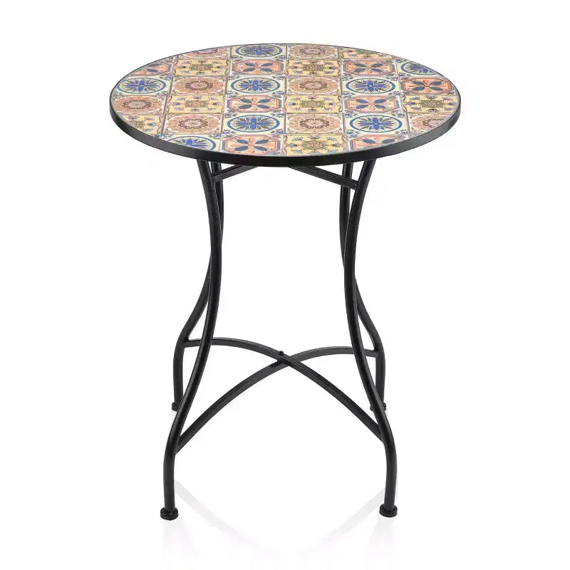 Ensemble de table et de chaises de patio 3 pièces au design de tuiles méditerranéennes pour l'intérieur/l'extérieur - Alpine Corporation : Ensemble de bistro en fer résistant aux intempéries