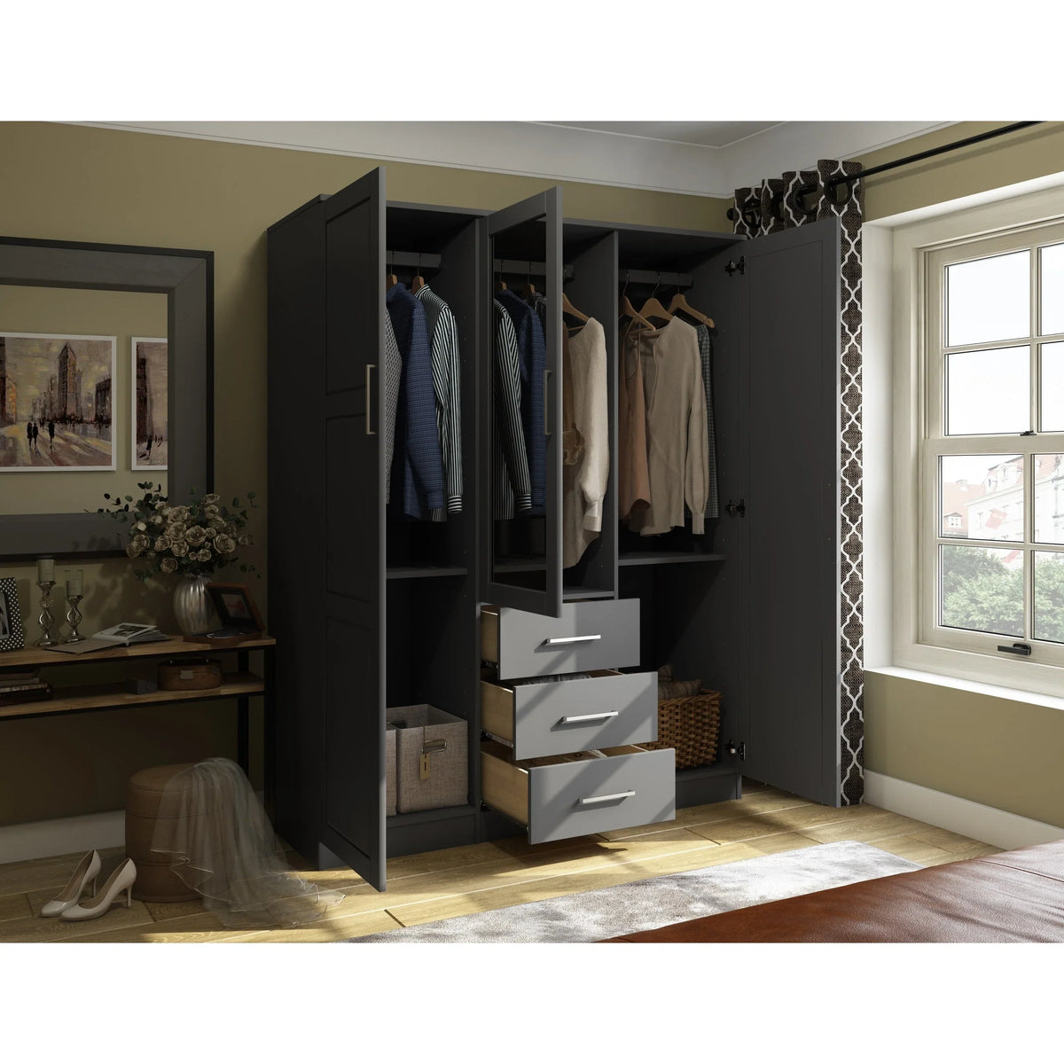 Palace Imports Armoire-penderie Cosmo 3 portes 100% bois massif avec portes en bois massif ou miroir